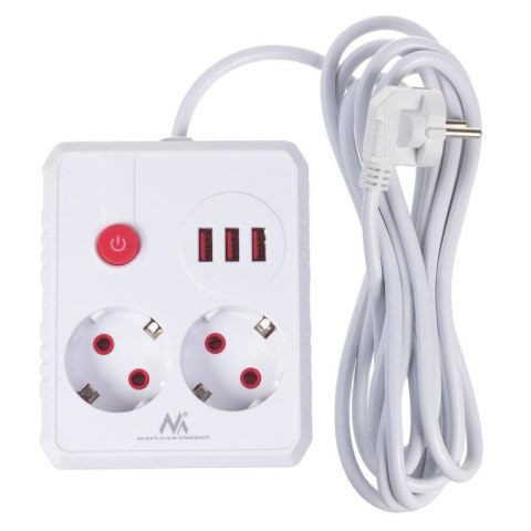 Listwa zasilająca Maclean MCE388 W, przedłużacz 2 gniazda + 3xUSB, 110-240V AC 50/60Hz, 2.1A max 2500W, 3 m, biała